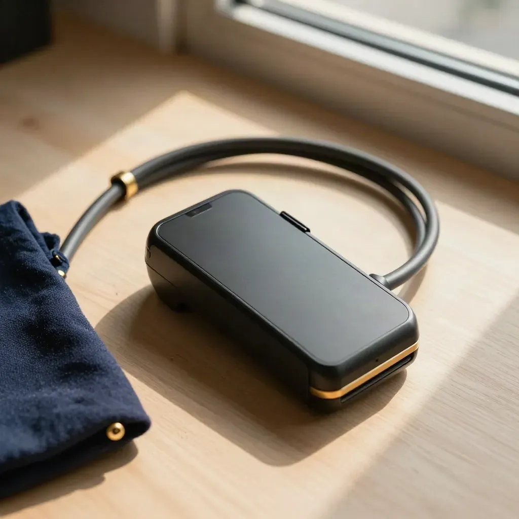 Top-down still life of matte black payment terminal shells, brass rings, and a graphite cable harness on pale wood.