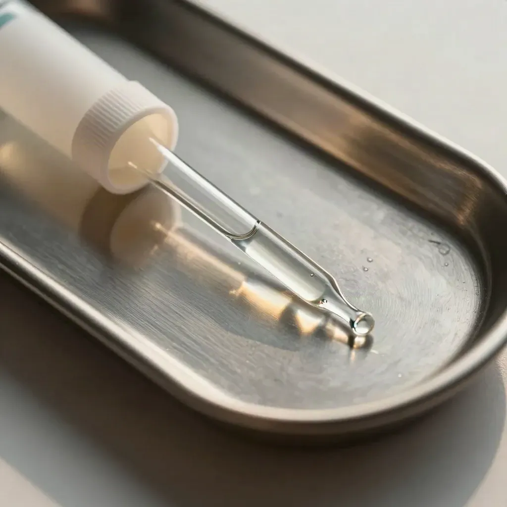 Overhead macro of pipette tips, a sealed vial, and a stainless tray with mist and rim light
