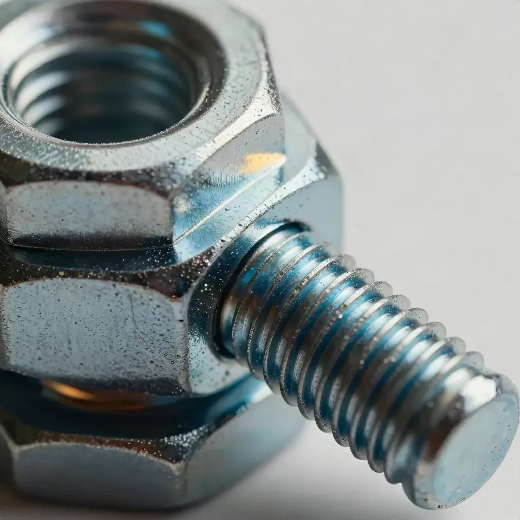 Macro of stacked rack nuts and thumb screws on brushed metal with a blue accent.