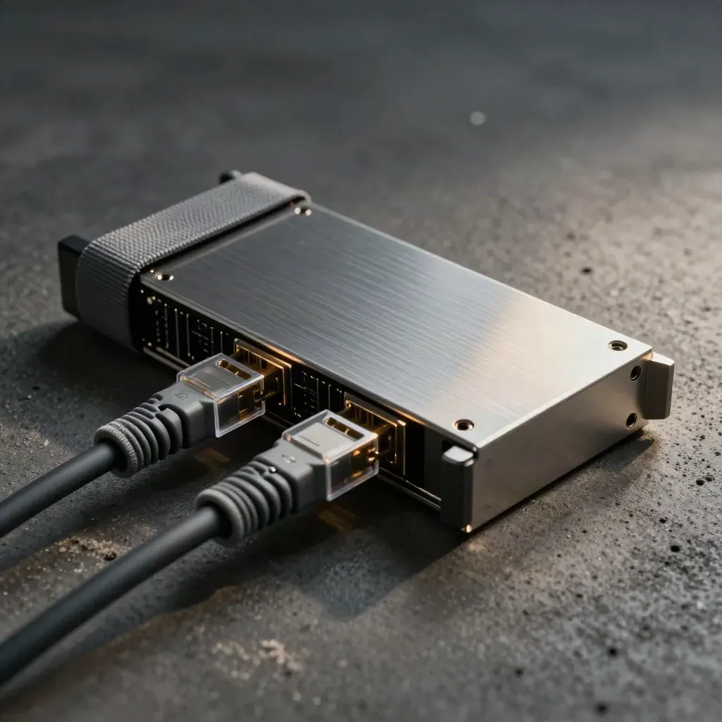 Server blade with fiber ferrules and an antistatic strap coil on dark concrete in dramatic light