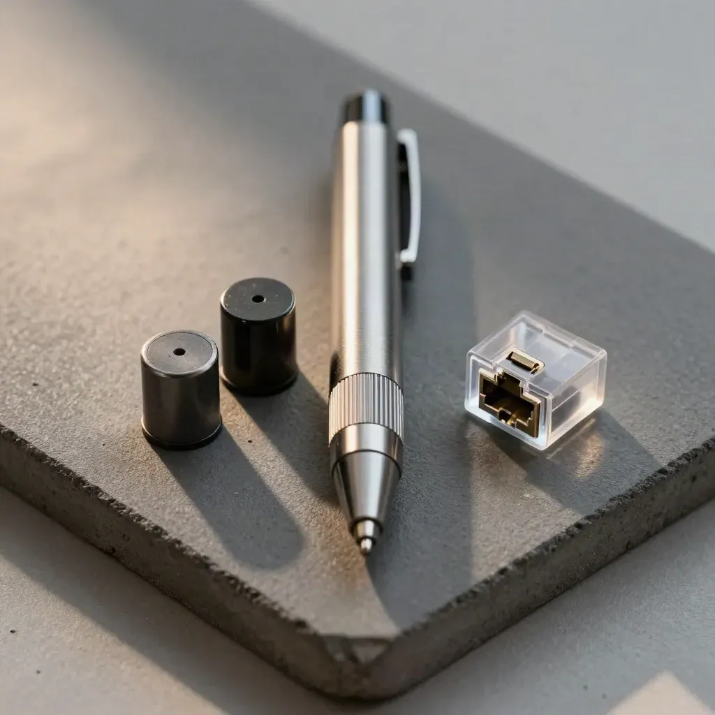 Fiber inspection pen, RJ45 couplers and dust caps on graphite concrete, lit in crisp macro.