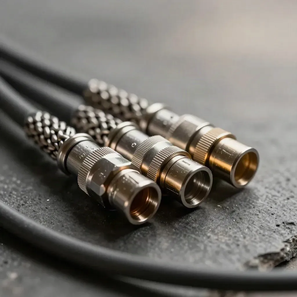 Coax connectors, braided cable ends, and a coupling ring on brushed stone.