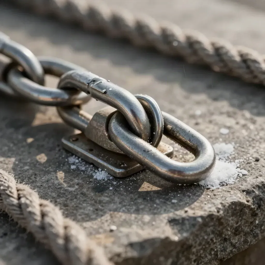 Marine cleat hardware, shackle links, and coiled rope on weathered stone in macro detail.