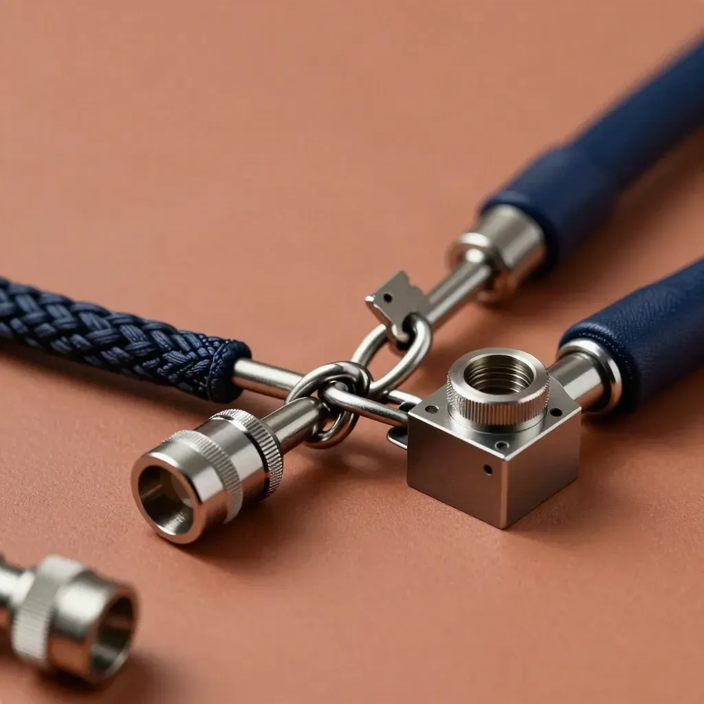 Braided patch lead and metal couplers bridging modular blocks on a terracotta surface.