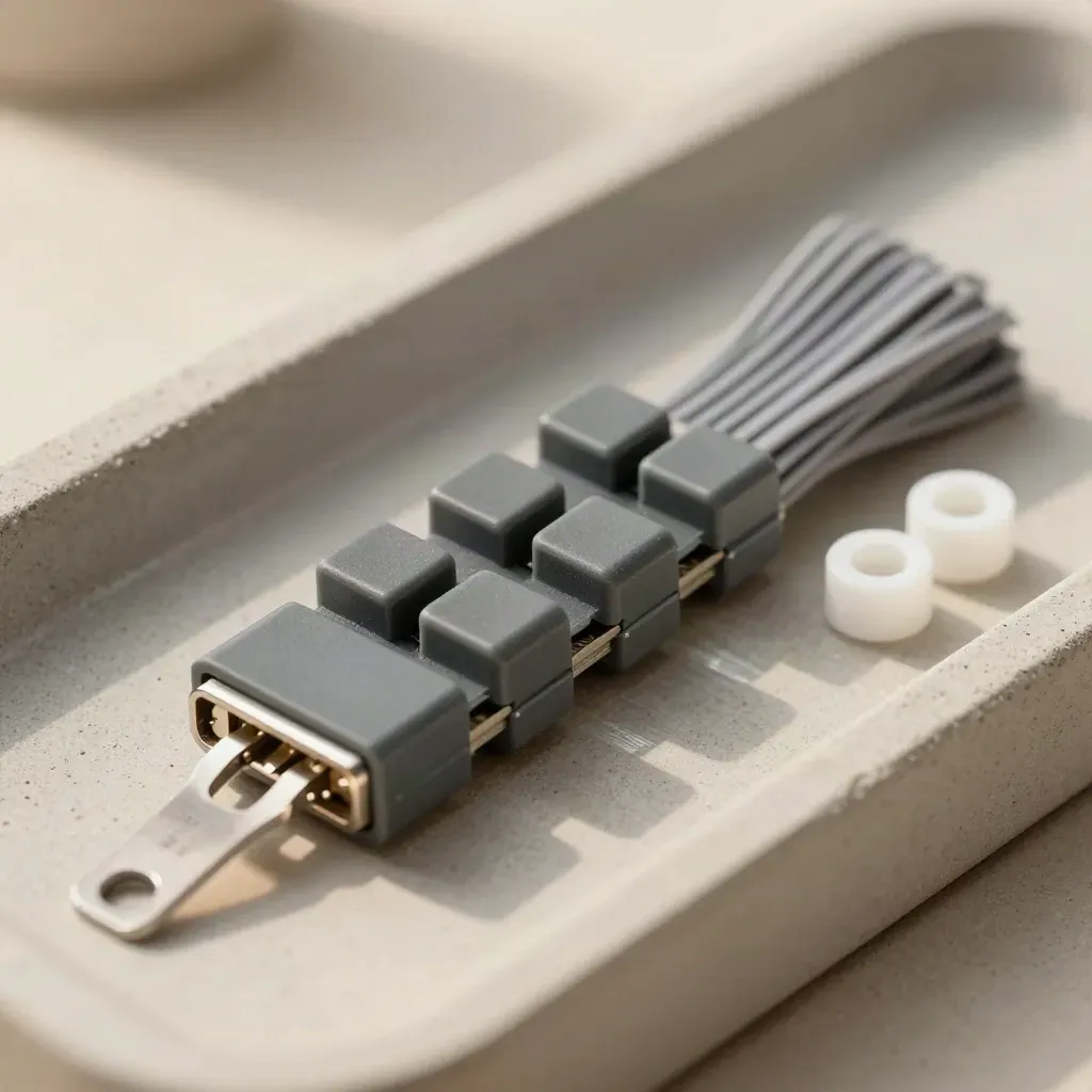 Macro relay module, cable clips, and grey ties arranged diagonally on a pale concrete tray.