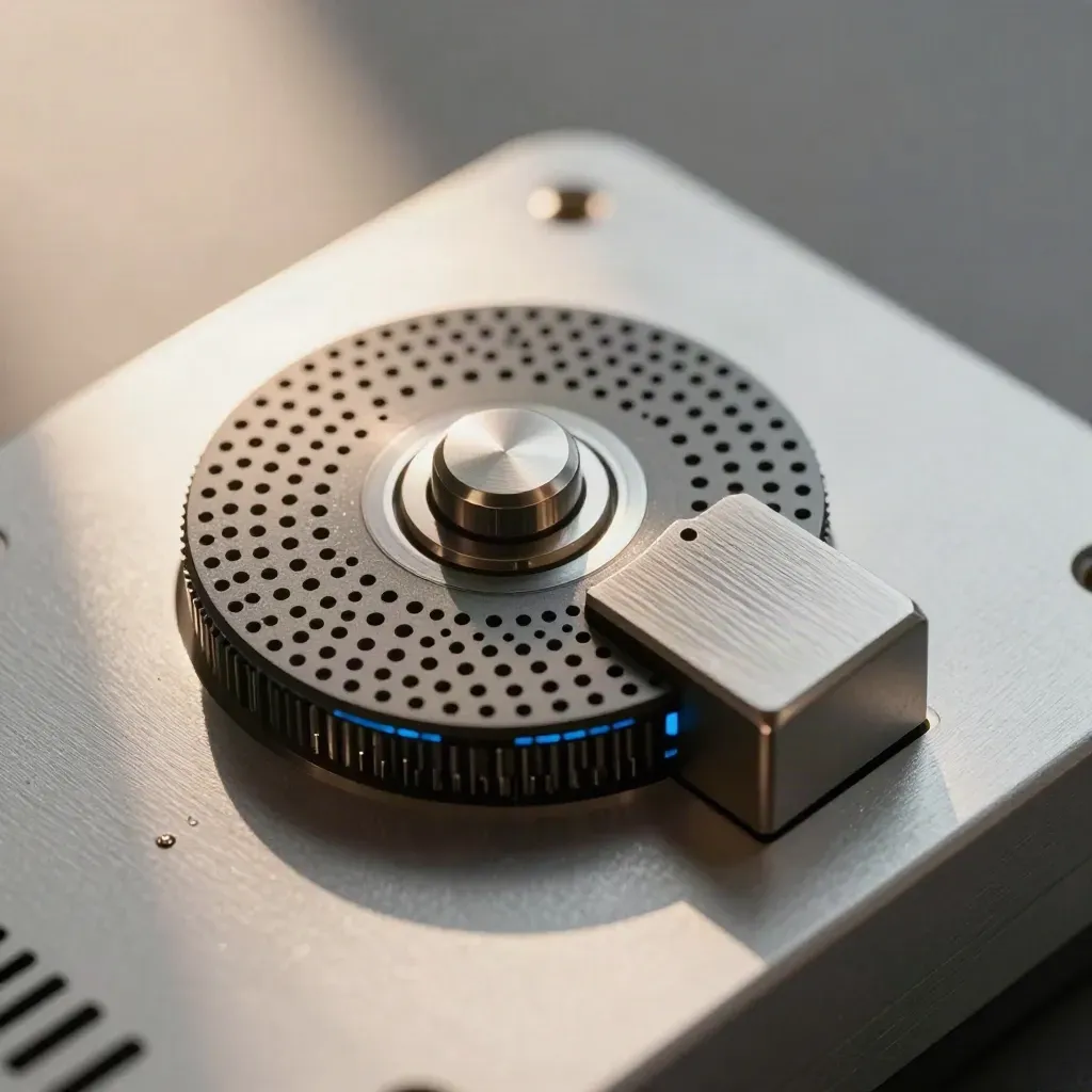 Top-down close-up of encoder wheel, perforated disc, and sensor puck on brushed metal.