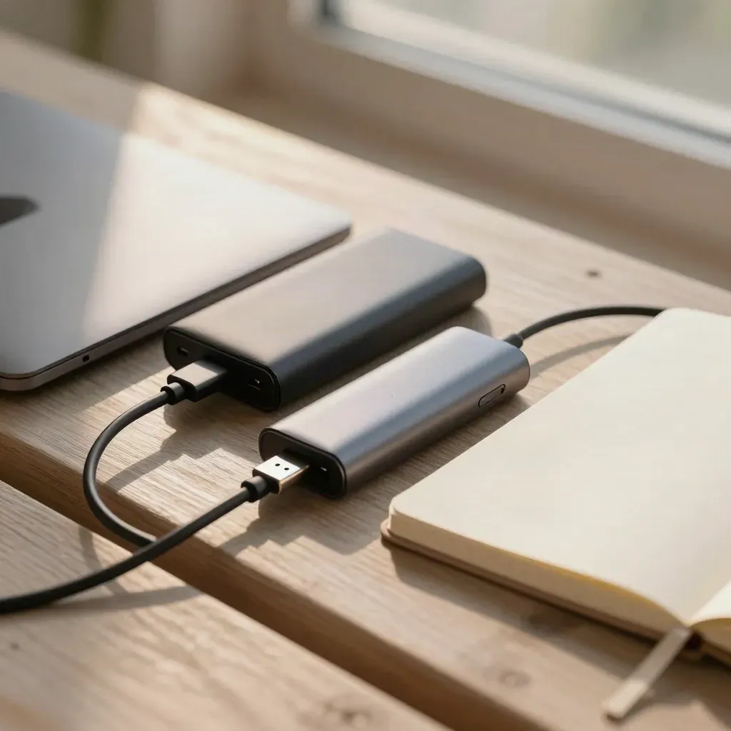 Closed laptop, power bank, USB-C hub and notebook on a pale wood bench with a cable loop