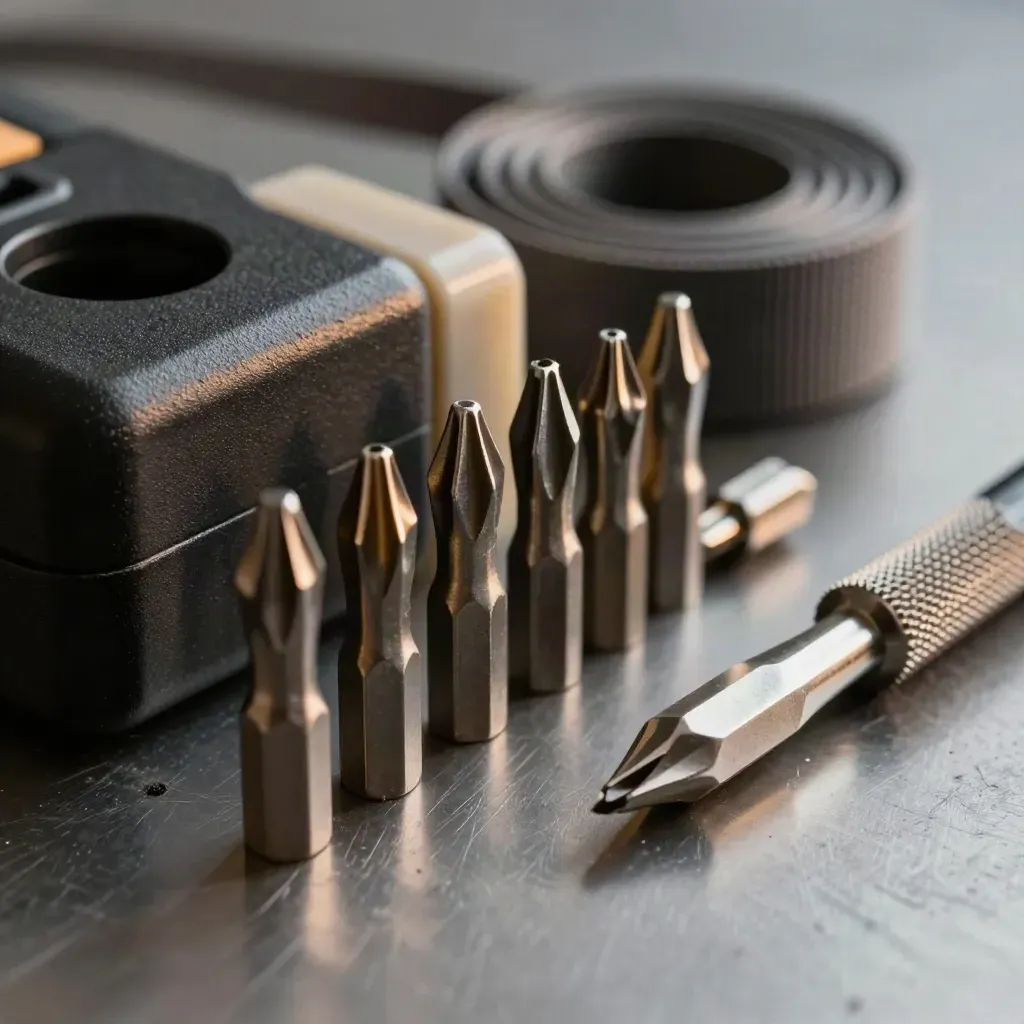 Torx bits, drive caddy, antistatic strap and screwdriver in a macro still life.