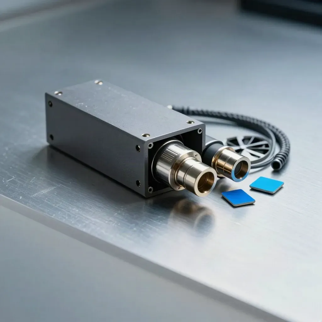 Prototype enclosure, connector samples, braided cable, and color chips on brushed metal in dramatic light.