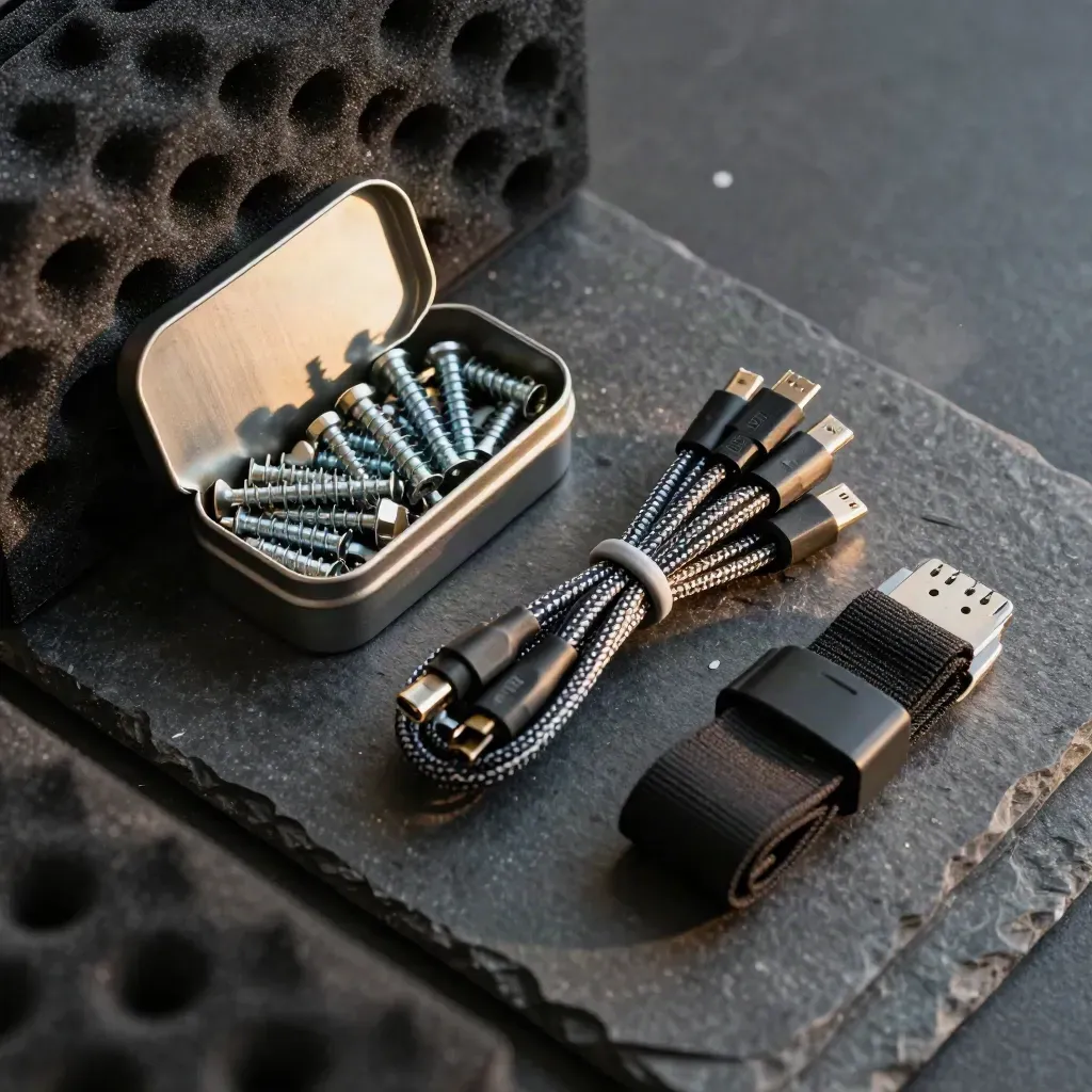 Top-down close-up of cables, anti-static foam and a half-open screw tin on dark stone.