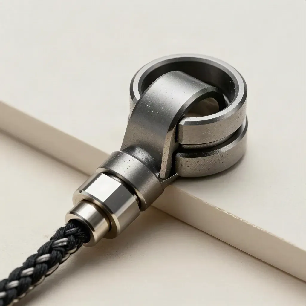 Macro still life of adapter rings, braided lead, and a coupler block on pale stone.
