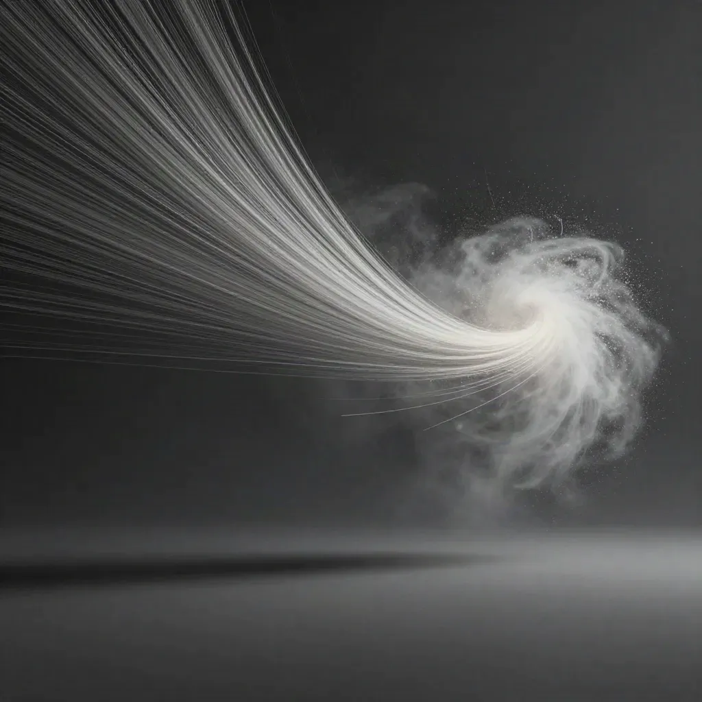 Silver filaments converge in graphite haze to a white bloom, leaving calm empty space below.