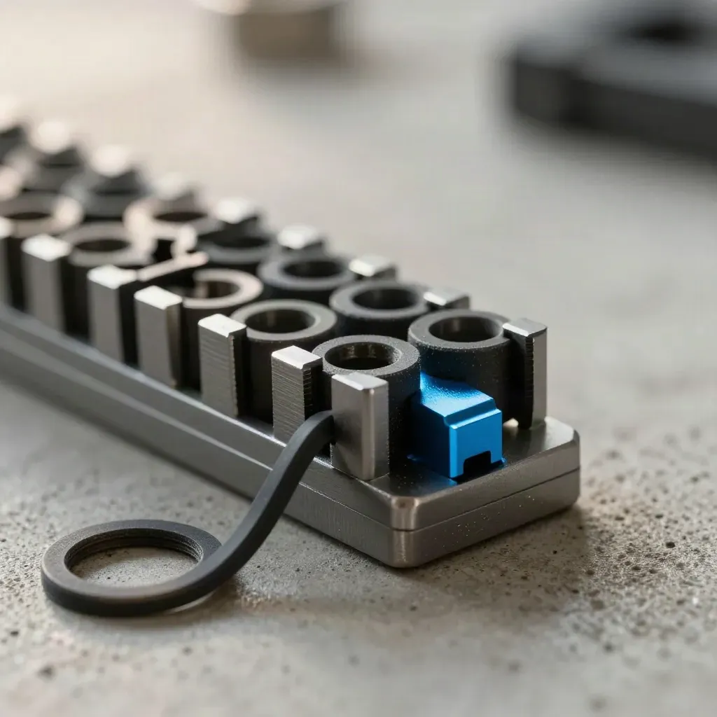 Macro grid of cable clips and gasket rings locking a matte adapter plate on concrete with a blue accent.