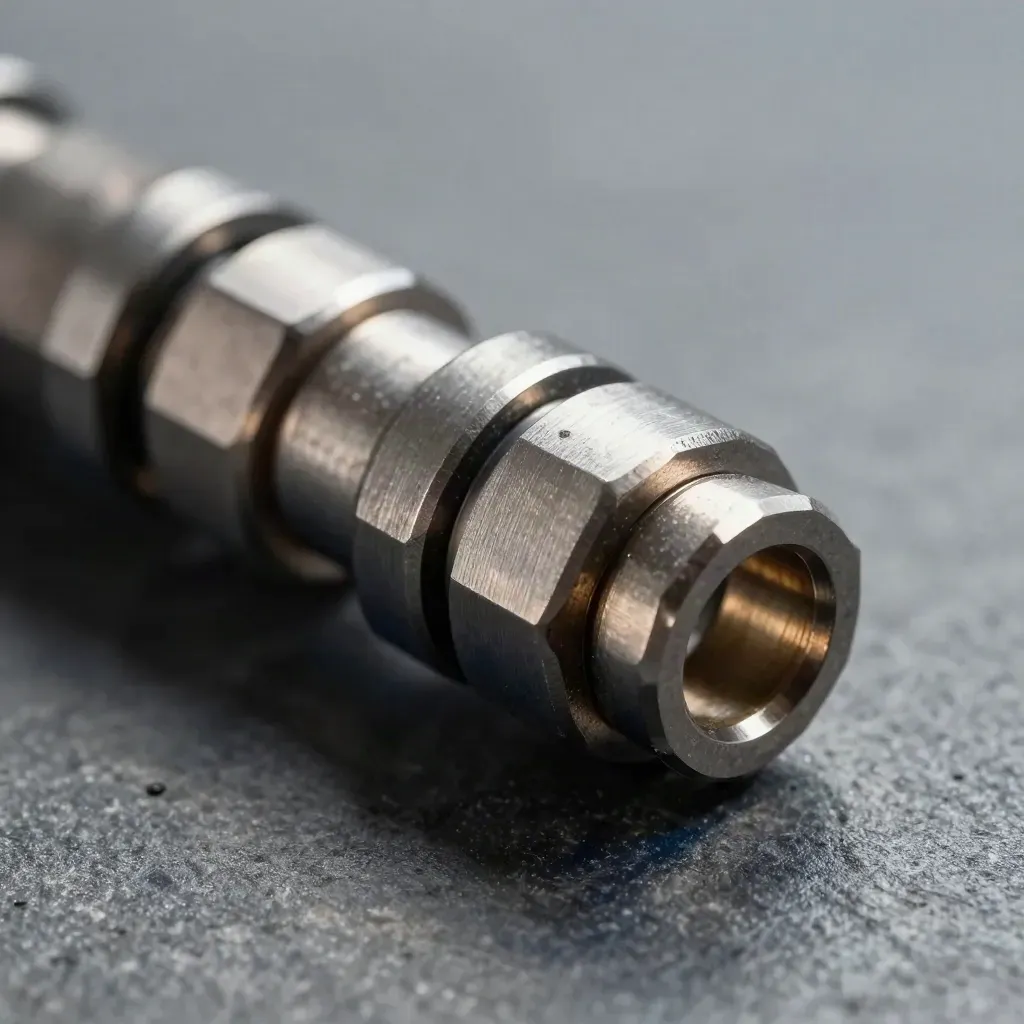 Extreme macro of linked metal rings, connector sleeves, and modular blocks on brushed stone.