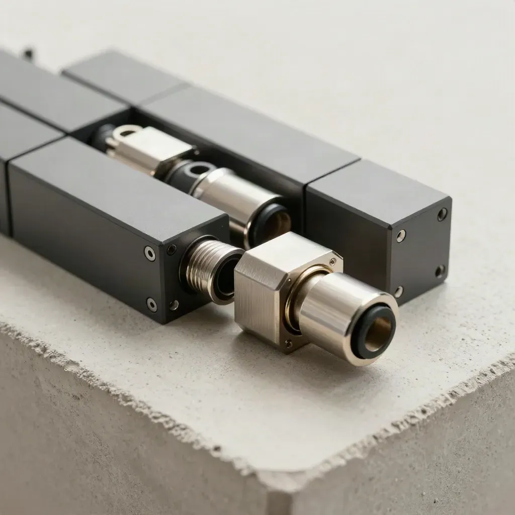 Top-down graphite connectors and gaskets on pale concrete, lit by soft upper-left studio light.